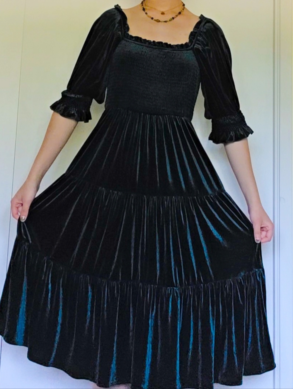 Dark Green Velvet Tiered Midi Dress with Smocked Bodice